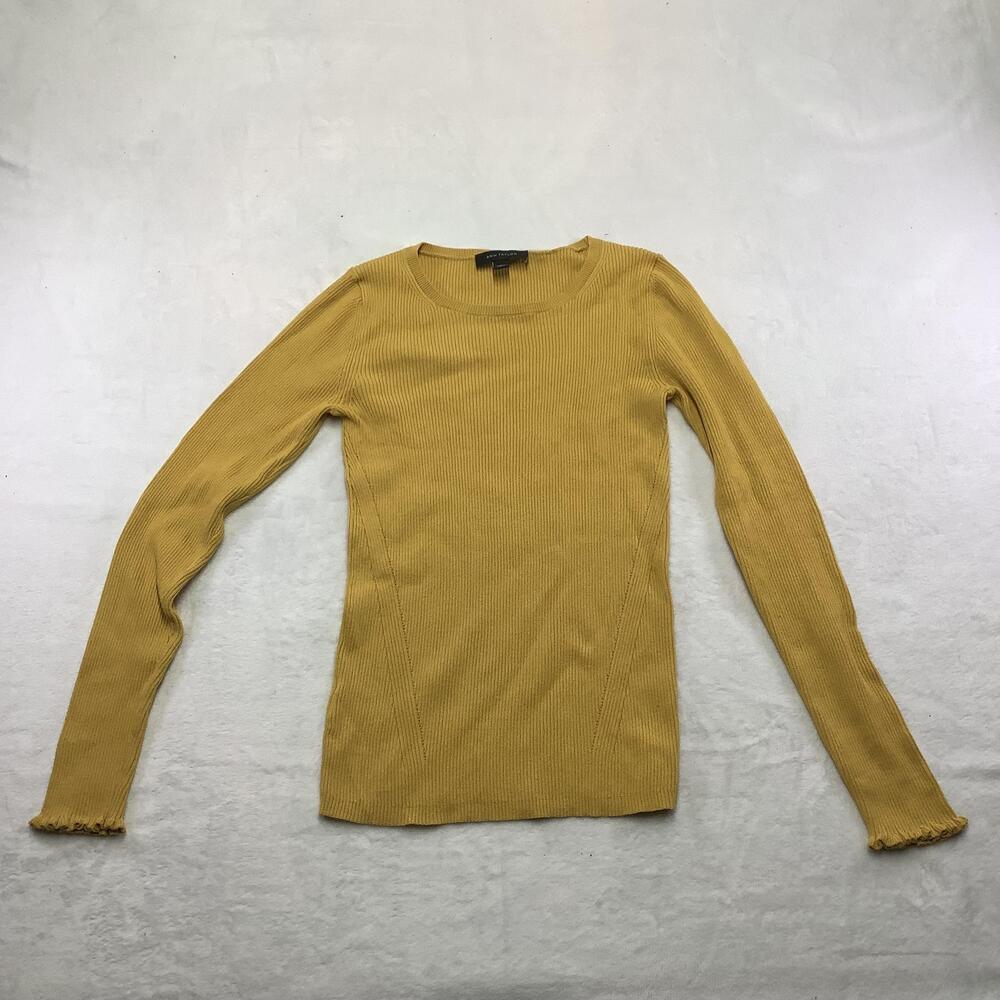 Ann Taylor Sweater Womens Small Yellow Knit Long Sleeve Crewneck Ruffle Cuff
